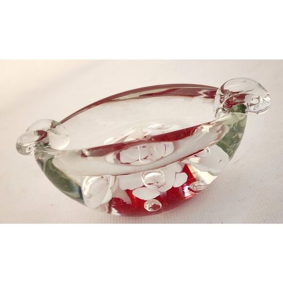 ASHTRAY-VINTAGE-BLOWN GLASS-Clear-White Flowers-Red Accent-Small-MCM - Picture 11 of 15